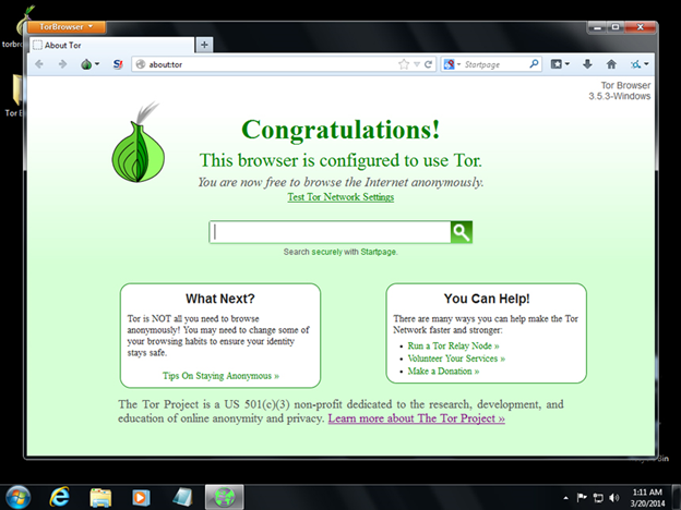 A browser successfully configured to use the TOR network